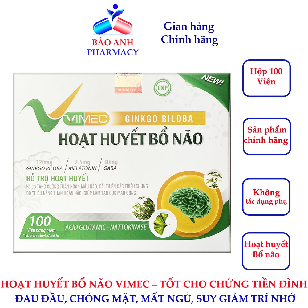 Hoạt huyết Bổ não Vimec – Không chứa B12, hỗ trợ giảm đau đầu, chóng mắt, mất ngủ, tiền đình - Hộp 100 viên