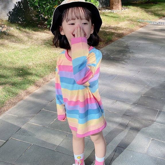 Đầm Thun Tay Dài Họa Tiết Cầu Vồng Phong Cách Hàn Quốc Mới Cho Bé Gái 1-4 Tuổi