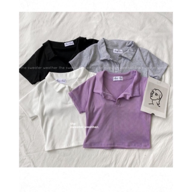 Polo croptop trơn cổ bẻ - ảnh thật