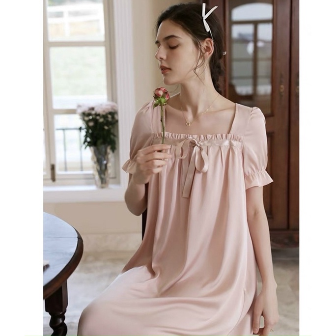 váy tiểu thư cao cấp lụa Quảng Châu tay ngắn nơ trước ngực