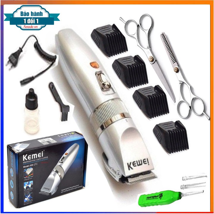 Tông đơ cắt tóc KEMEI 27c, Máy hớt tóc cạo râu đa năng pin sạc KM-27C tặng kèm sạc cữ lược dầu và chổi vệ sinh FERADO