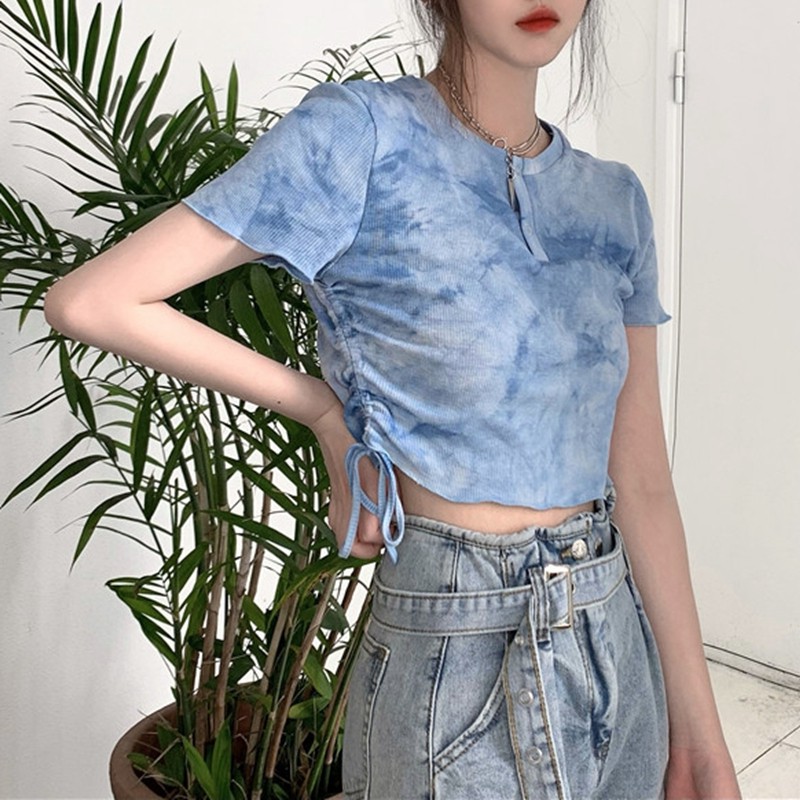 Áo Lửng Tay Ngắn Phối Màu Nhuộm Độc Đáo Trang Trí Dây Rút Bên Hông Cho Nữ
