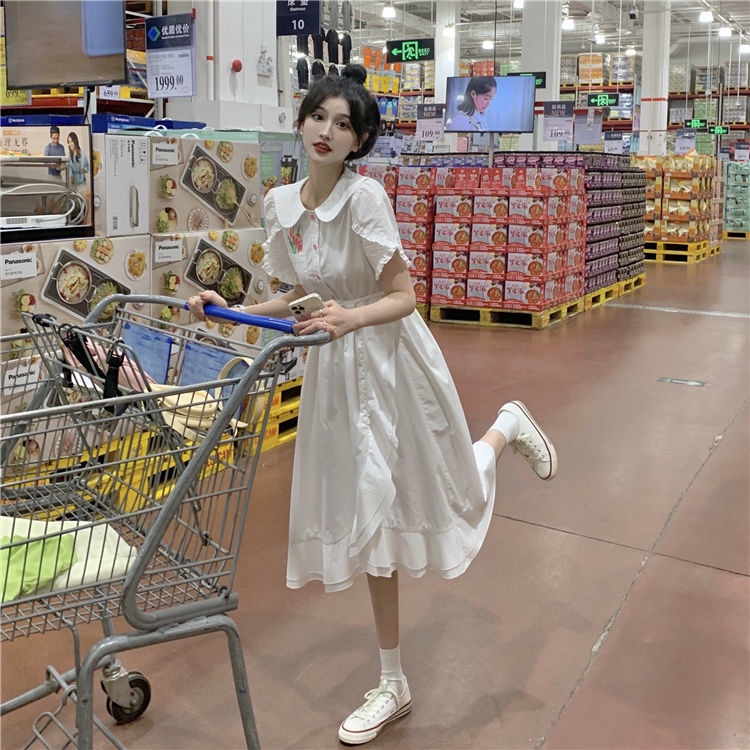 Đầm Cổ Búp Bê In Họa Tiết Thiết Kế Mới Thời Trang Xuân Hè Hàn Quốc