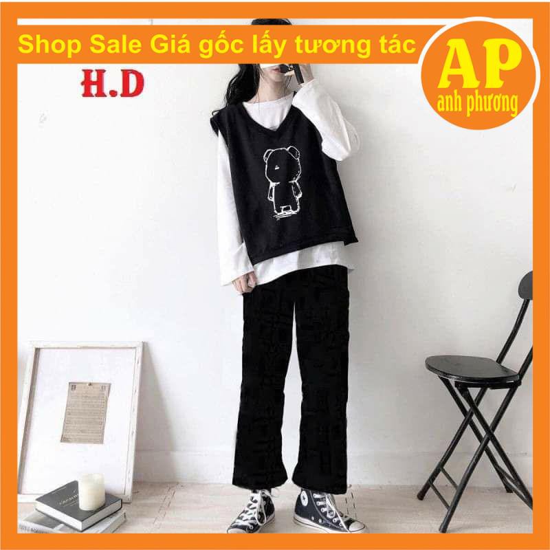 bộ nữ áo sweater thun dài tay + quần ống rộng + gile giá rẻ