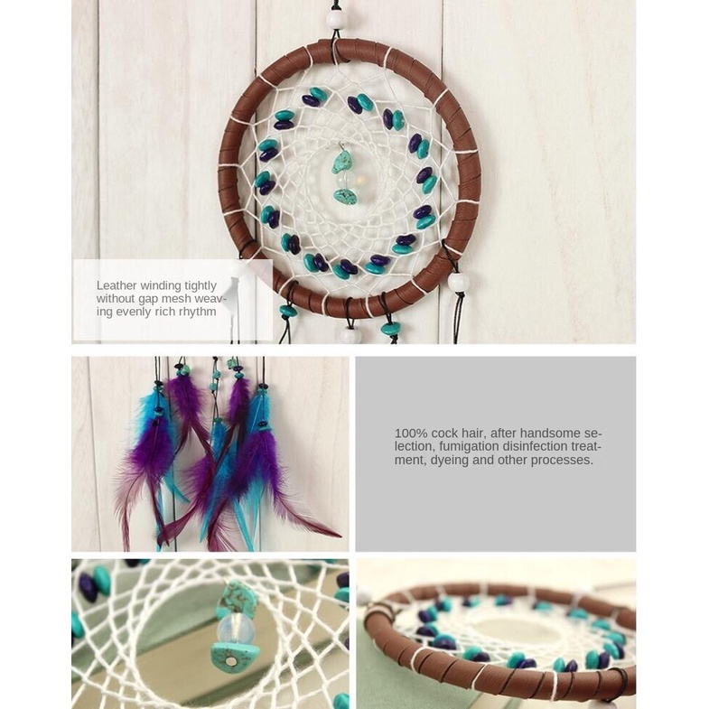 Dreamcatcher Đính Lông Vũ Màu Ngọc Lam Trang Trí Nhà Cửa