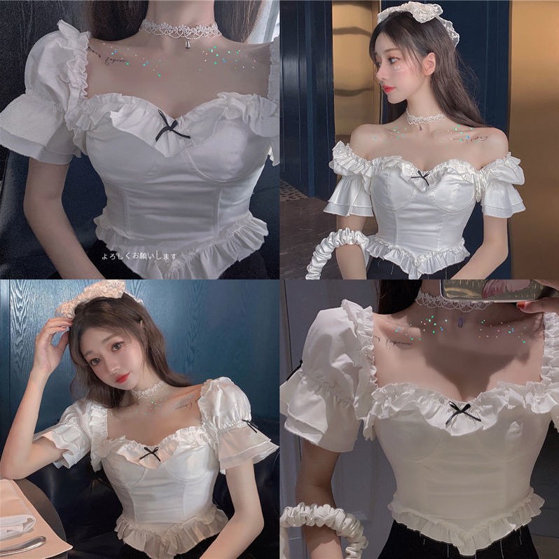 Summer new flounces retro court sexy shoulder two wear girls style slim Joker shirt women