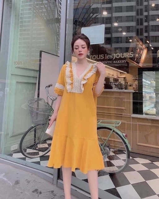 Đầm Bầu, Váy Bầu Cổ Ren Bèo Ngực Tay Lỡ - Hàng Loại 1 - Chuẩn Mềm Đẹp Ren Xịn - V04