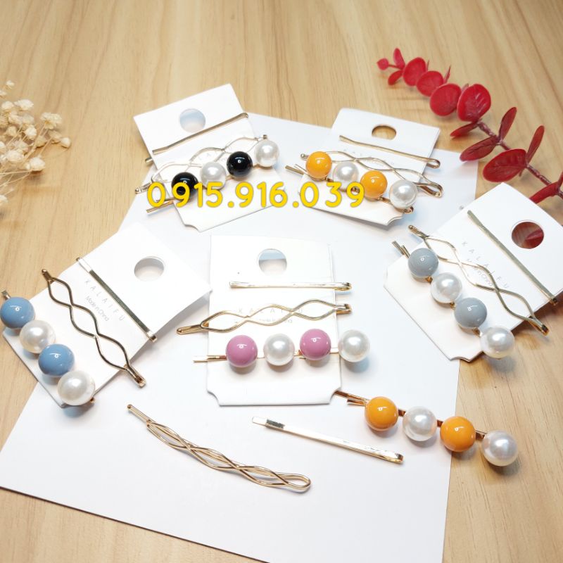 Set 3 Kẹp Hạt Châu Sắc Màu, Kẹp Tóc Nữ, Kẹp Tóc Đính Đá