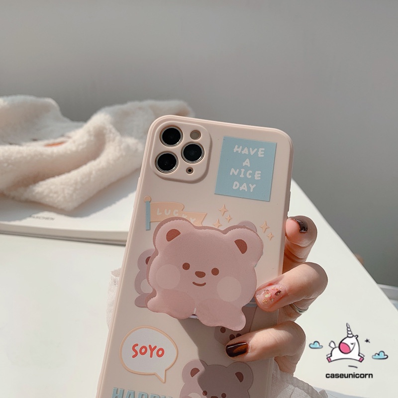 Ốp điện thoại TPU mềm viền suông có giá đỡ đỡ hình gấu đáng yêu cho iPhone11 6 6s 7 8 Plus 11 12 Pro Max X XR XS MAX SE