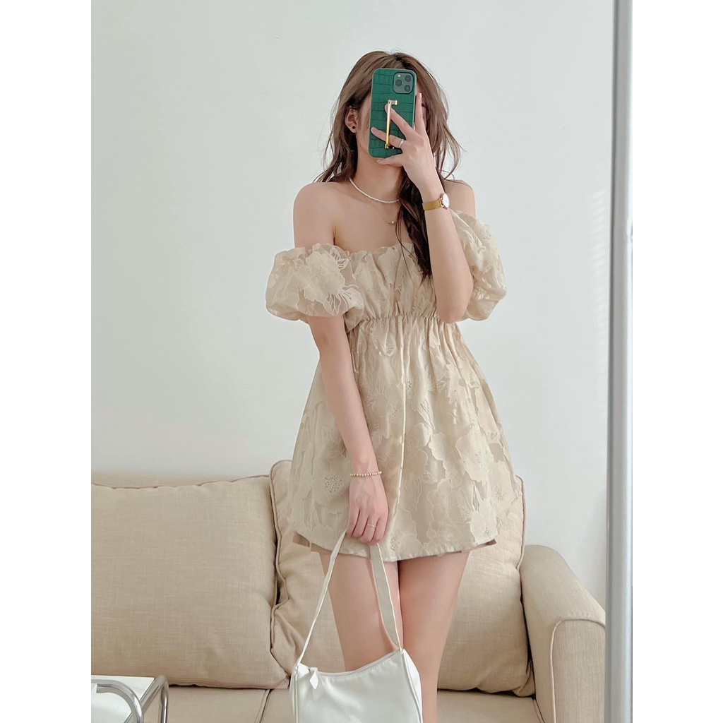 Áo Trễ Vai Tay Bồng Hoa Nổi Chun Eo May Hai Lớp 2 Màu Trắng Be, Labibi