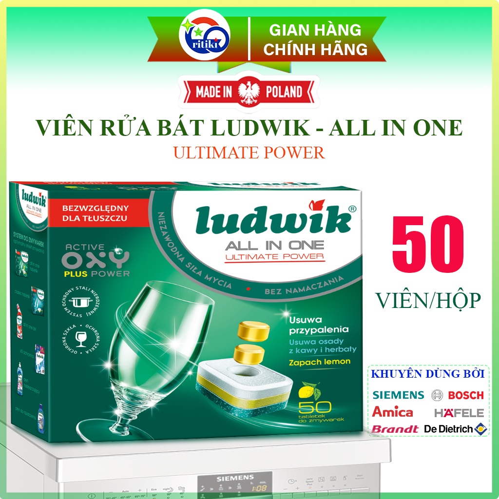 Combo 3 hộp 50 viên rửa chén bát Ludwik all in one- 150 viên rửa bát- Oxy Active Plus Power, tinh chất muối và bóng