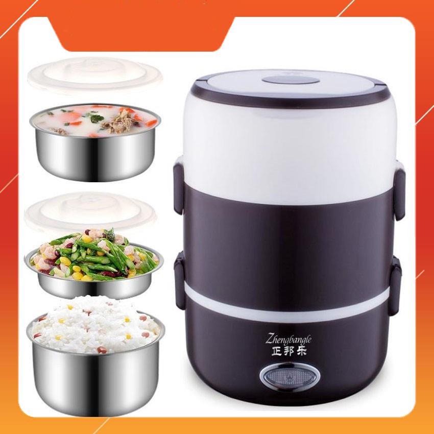 Hộp cơm cắm điện 3 tầng inox304 vừa nấu cơm vừa hâm nóng siêu tốc đa năng, hộp đựng cơm