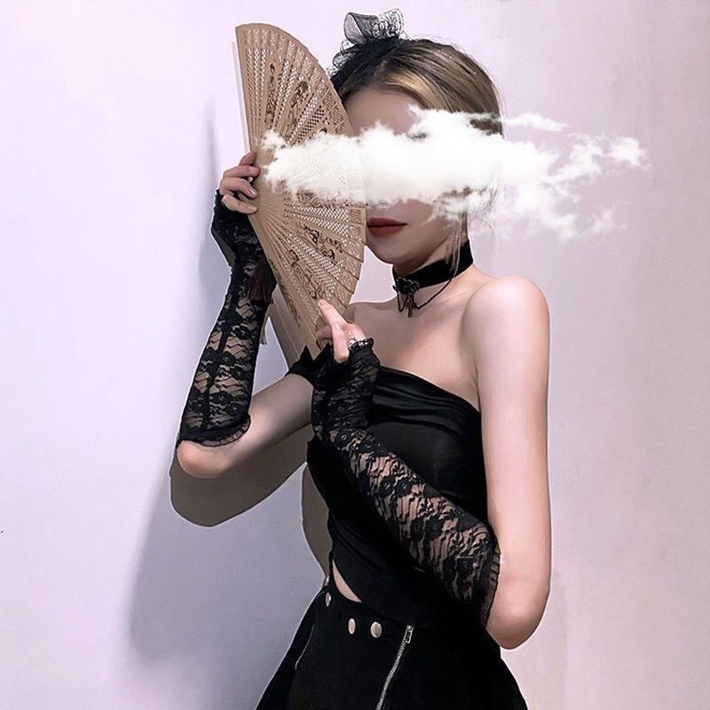 Găng Tay Ren Mỏng Dài Màu Đen Phong Cách Retro Phụ Kiện Chụp Ảnh Cho Nữ