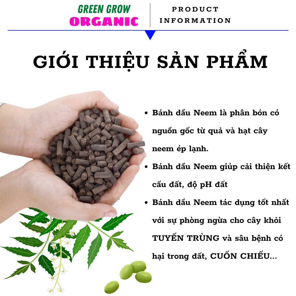 Phân bón hữu cơ Neem Cake phân tan chậm bánh dầu diệt trừ sùng đất cuốn chiếu thối rễ cho hoa Hồng MS149 GREEN GROW