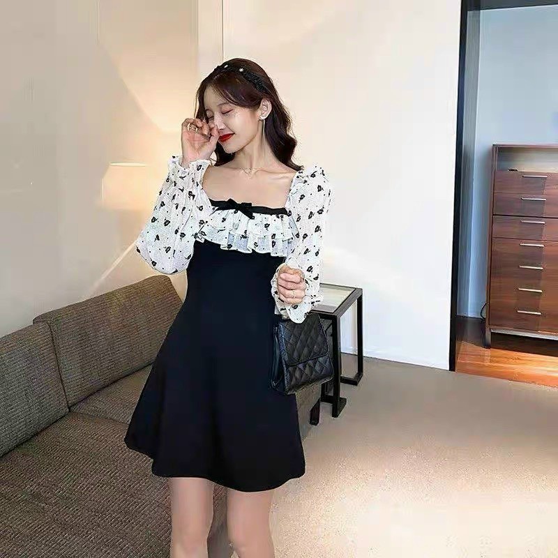D28[Hình Thật] Đầm Nữ Đen Tay Dài Phối Voan Bi Cổ Vuông, Đầm Nữ Bánh Bèo Dự Tiệc Dễ Mặc