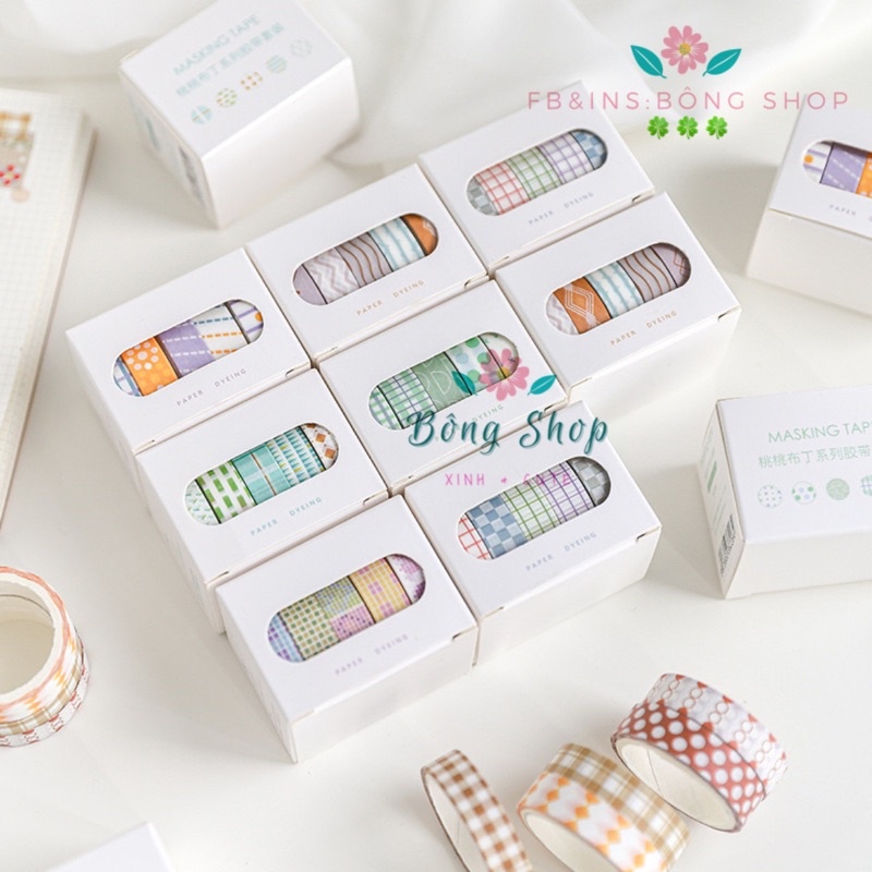 Băng dính trang trí Bông Shop họa tiết kẻ sọc ca rô màu sắc tươi sáng set 5 cuộn