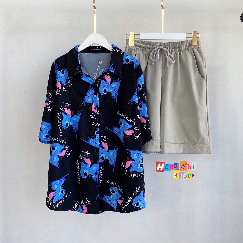 Áo Sơ Mi Họa Tiết Hoạt Hình Tay Lỡ Dáng Rộng Ulzzang Unisex, Sơ Mi Đi Biển - MM