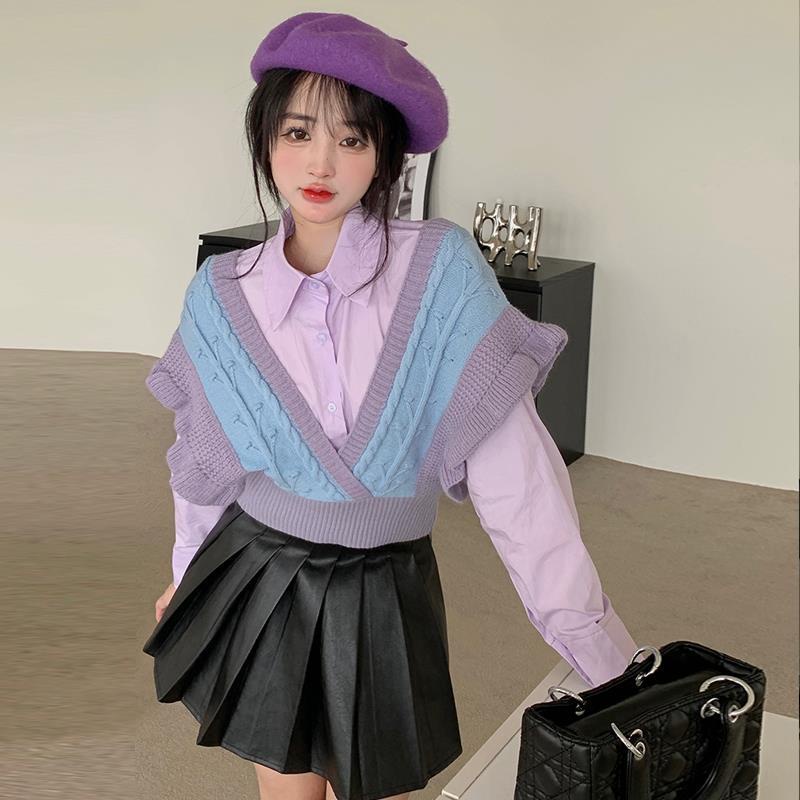 Áo Dệt Kim Sát Nách Cổ Chữ V Màu Tím Phong Cách Vintage Thời Trang Hàn Quốc