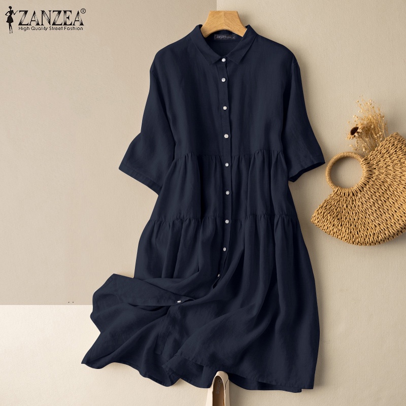 Đầm midi chữ A ZANZEA tay ngắn màu trơn có nút cài thời trang cho nữ
