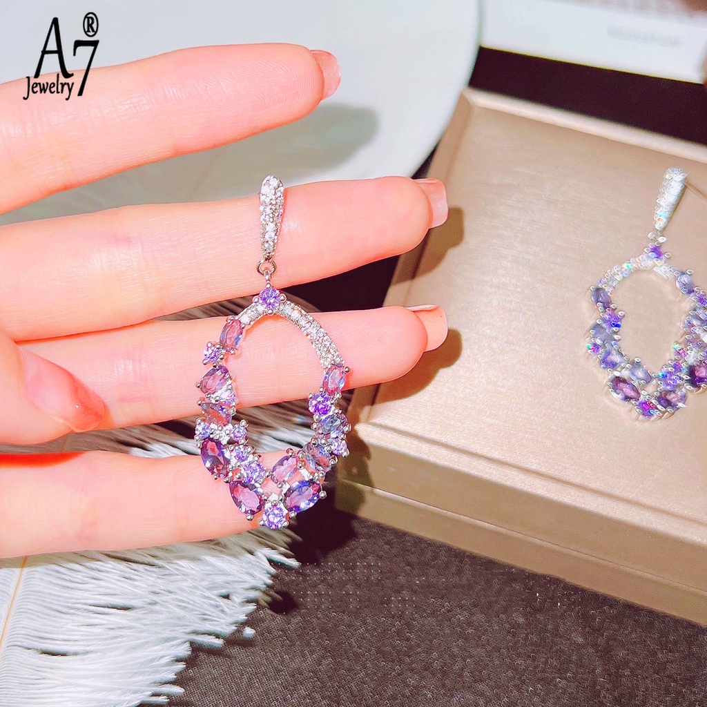 A7| Bông Tai Mạ Bạc 925 Hình Giọt Nước Đính Kim Cương Tím / Hoa Oải Hương / Giọt Nước Phong Cách