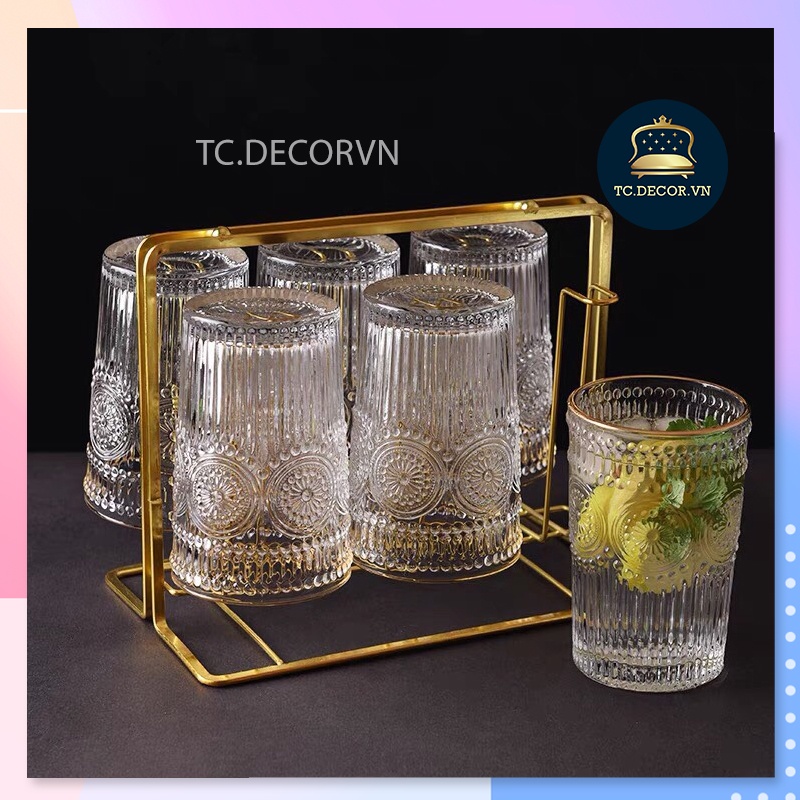 Bộ 6 Cốc Thuỷ Tinh Hoa Văn Mặt Trời 2 Dáng Cao - Thấp 🌸 Sang Trọng Tinh Tế 🌸