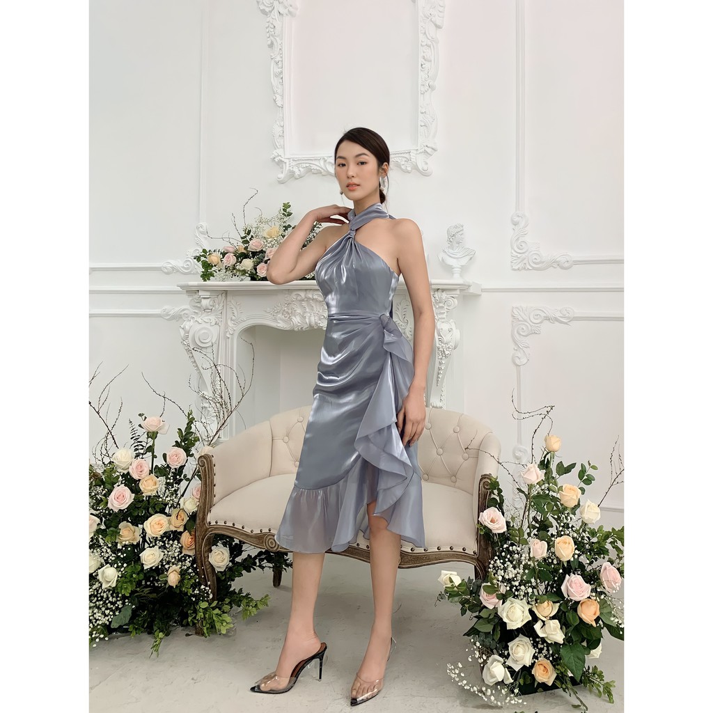 MOLLYNISTA- Đầm Killy xám yếm cột dây bèo lệch hông | BigBuy360 - bigbuy360.vn