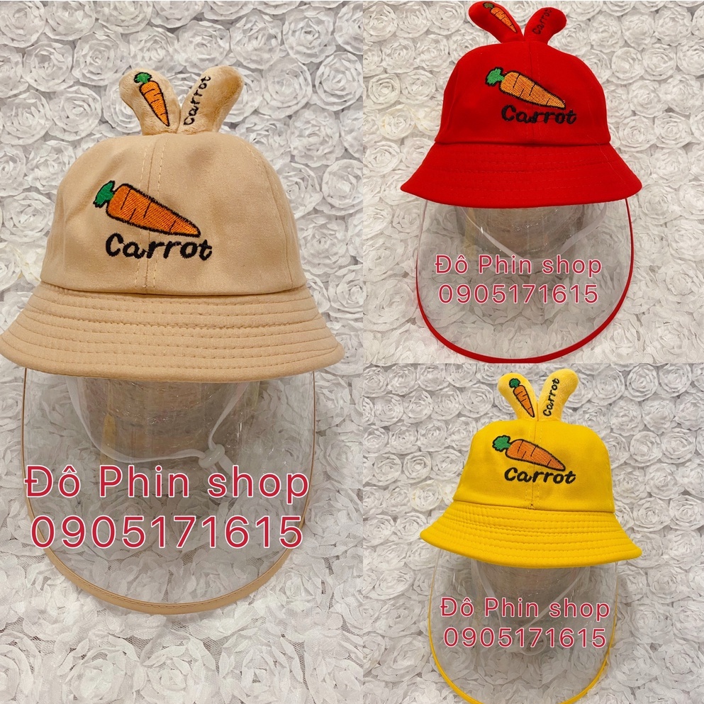 Mũ bucket vành cà rốt, chống giọt bắn cho trẻ em, vòng đầu 53cm, tấm chắn có thể tháo rời dùng làm nón