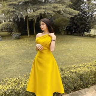 Đầm Lệch Vai Dự Tiệc ❤️FREESHIP❤️ Dáng Xòe Dài Xếp Ly Sang Trọng