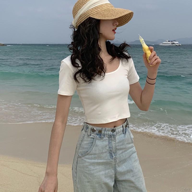 Áo Thun Nữ Tay Ngắn Màu Trơn Đơn Giản Phong Cách Hàn Quốc