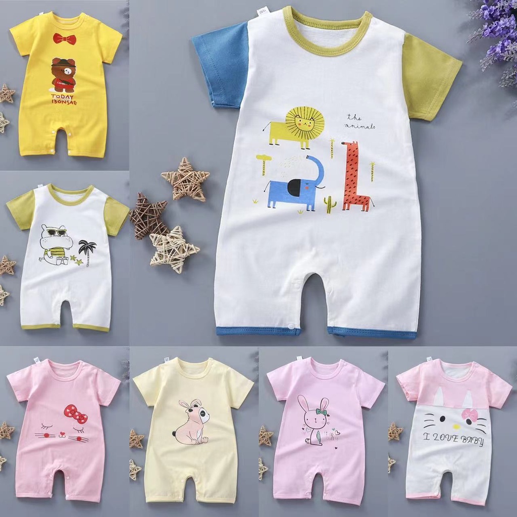 Bộ Áo Liền Quần Tay Ngắn Vải Cotton In Hoạt Hình Động Vật Dễ Thương Cho Bé Từ 0-24 Tháng Tuổi