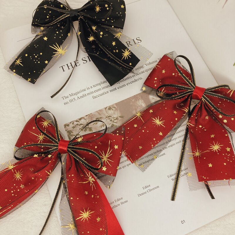 Kẹp tóc nơ lưới hoa tuyết ĐỎ ĐEN ngôi sao rực rỡ đáng yêu K71