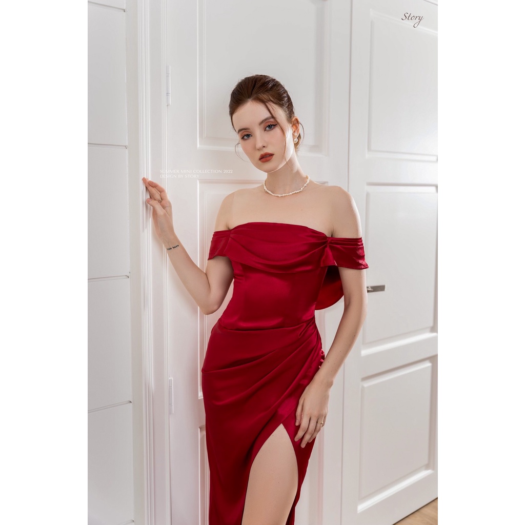STORY Đầm Jose váy dự tiệc thiết kế trễ vai xẻ tà lụa satin cao cấp Story.clothes thời trang nữ