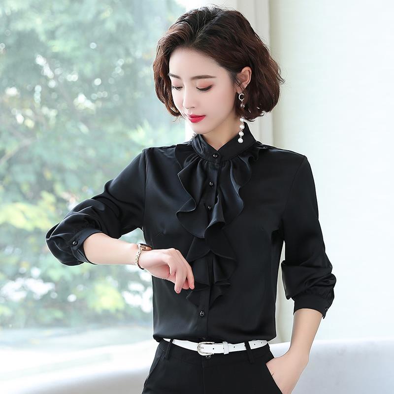 Áo sơ mi tay dài cổ đứng phối ren bèo thời trang cho phụ nữ trung niên