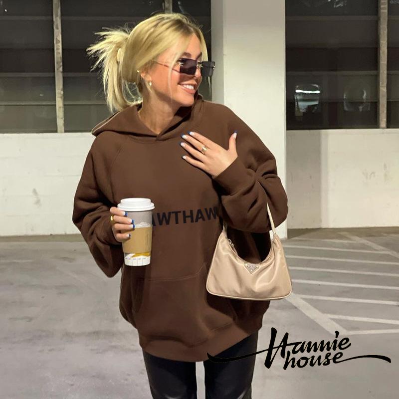 Áo hoodie dài tay dáng rộng nhiều túi in chữ thời trang thu đông cho nữ