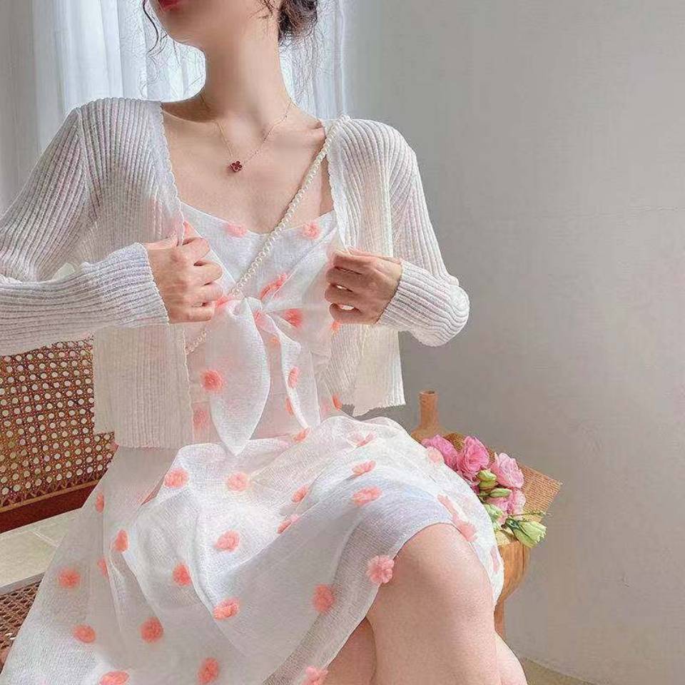 Bộ Áo Khoác Cardigan Dệt Kim Chống Nắng Phối Chân Váy Ngắn Vải Lụa Mát Thời Trang Mùa Hè Cho Nữ