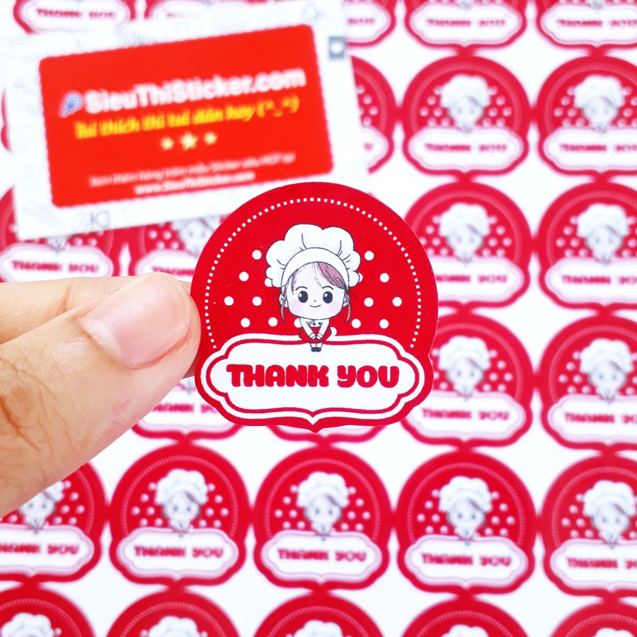 Tem Thank You hình cô gái đầu bếp 6 màu DAUBEPTY001 dán trang trí hộp, túi, thiệp, chai trà sữa