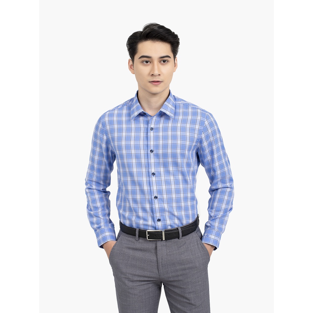 Áo sơ mi nam dài tay ARISTINO ALS34501 somi công sở chính hãng vải sợi tre cao cấp màu trắng kẻ xanh dáng ôm không túi
