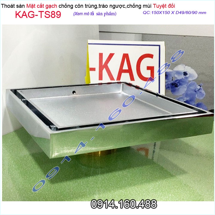 Thoát sàn mặt cắt gạch 15x15cm, thoát sàn âm KAG-TS89, phễu thoát sàn chống hôi chống côn trùng Inox Roca