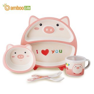 Khay ăn dặm sợi tre Bamboo Life BL031 bộ chén cao cấp 5 món gồm thìa, dĩa, khay, bát, cốc hình thú cute