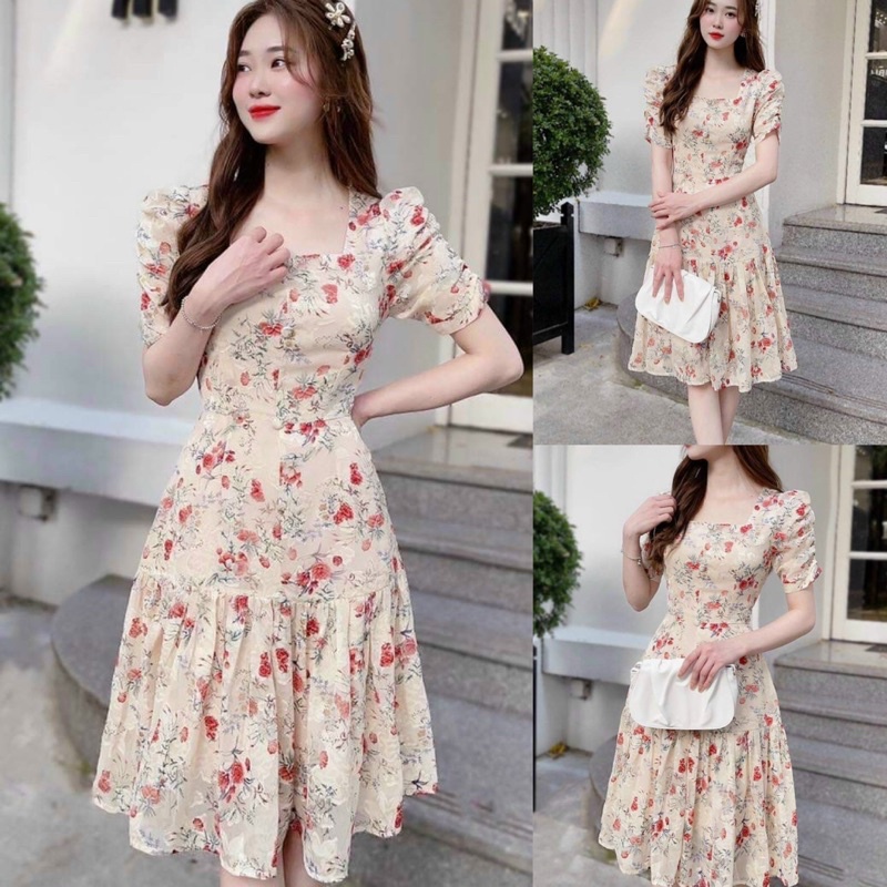 Đầm hoa xinh tay phồng đính nút dịu dàng - có mút ngực (freesize dưới 52kg - Đẹp mê ly💯)