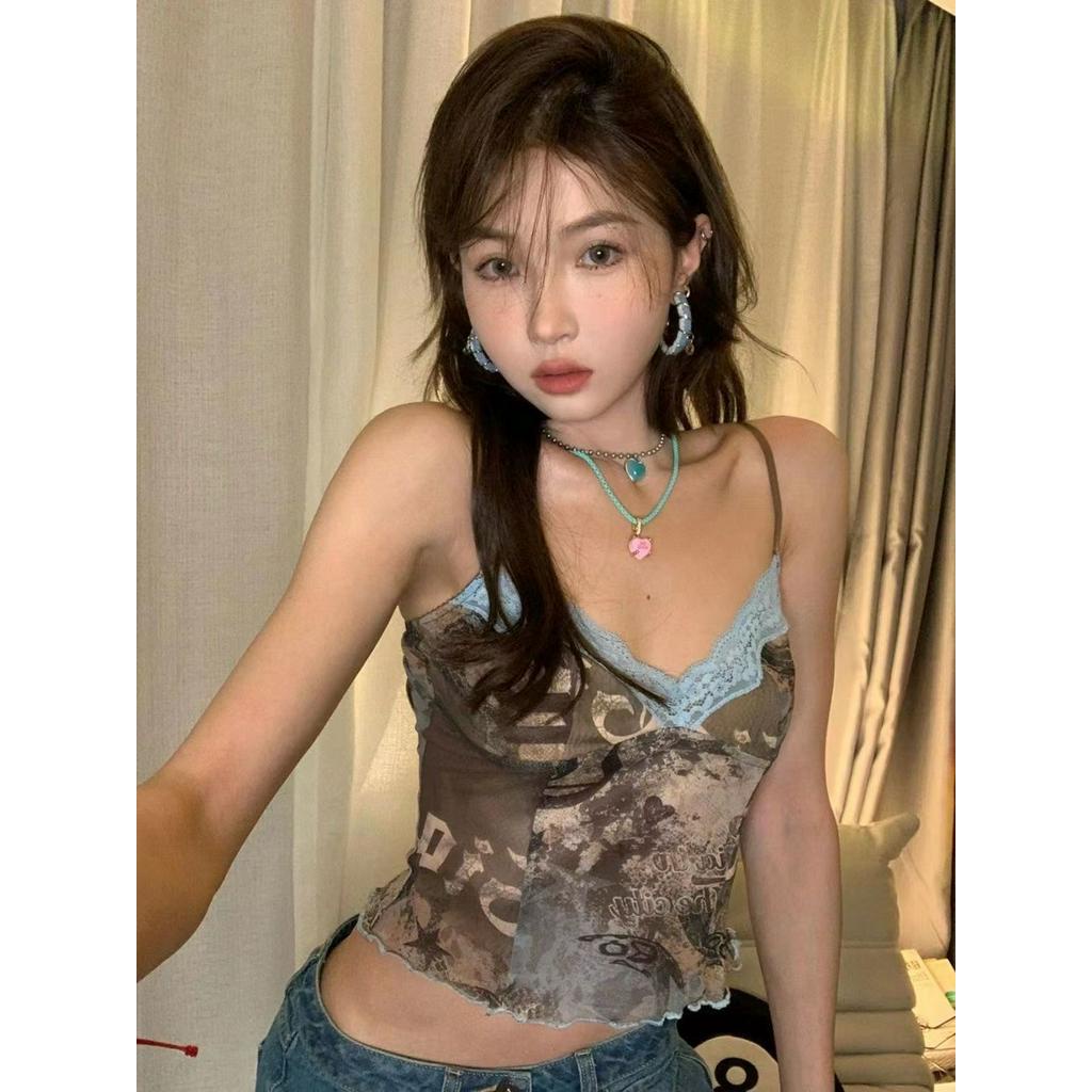 [MURIOKI] Áo Hai Dây Dáng Ngắn Phối Ren Gợi Cảm Mẫu 2023 Thời Trang Cho Nữ