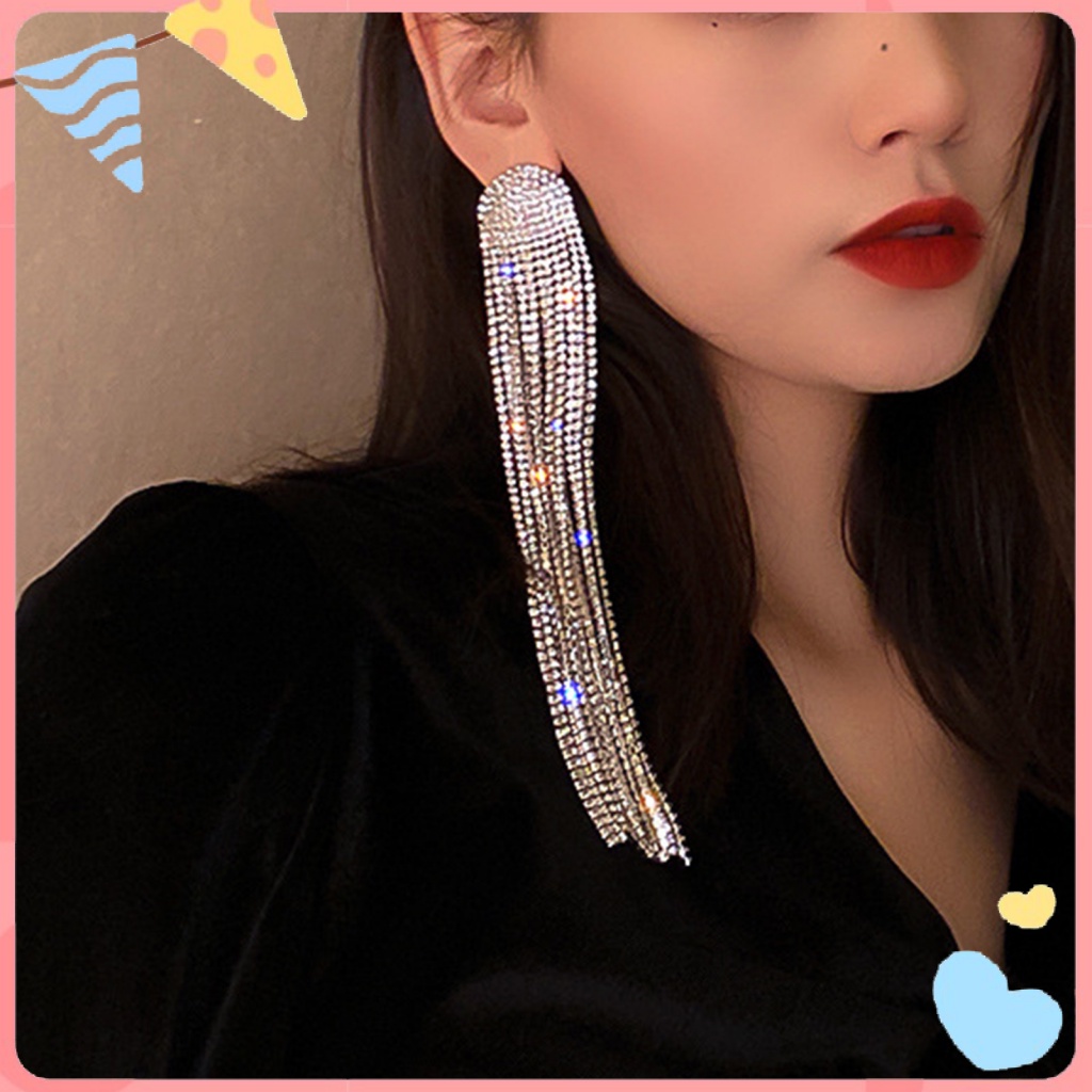 Bông Tai Tua Rua Dáng Dài Bằng Hợp Kim Đính Đá Thời Trang Cho Nữ