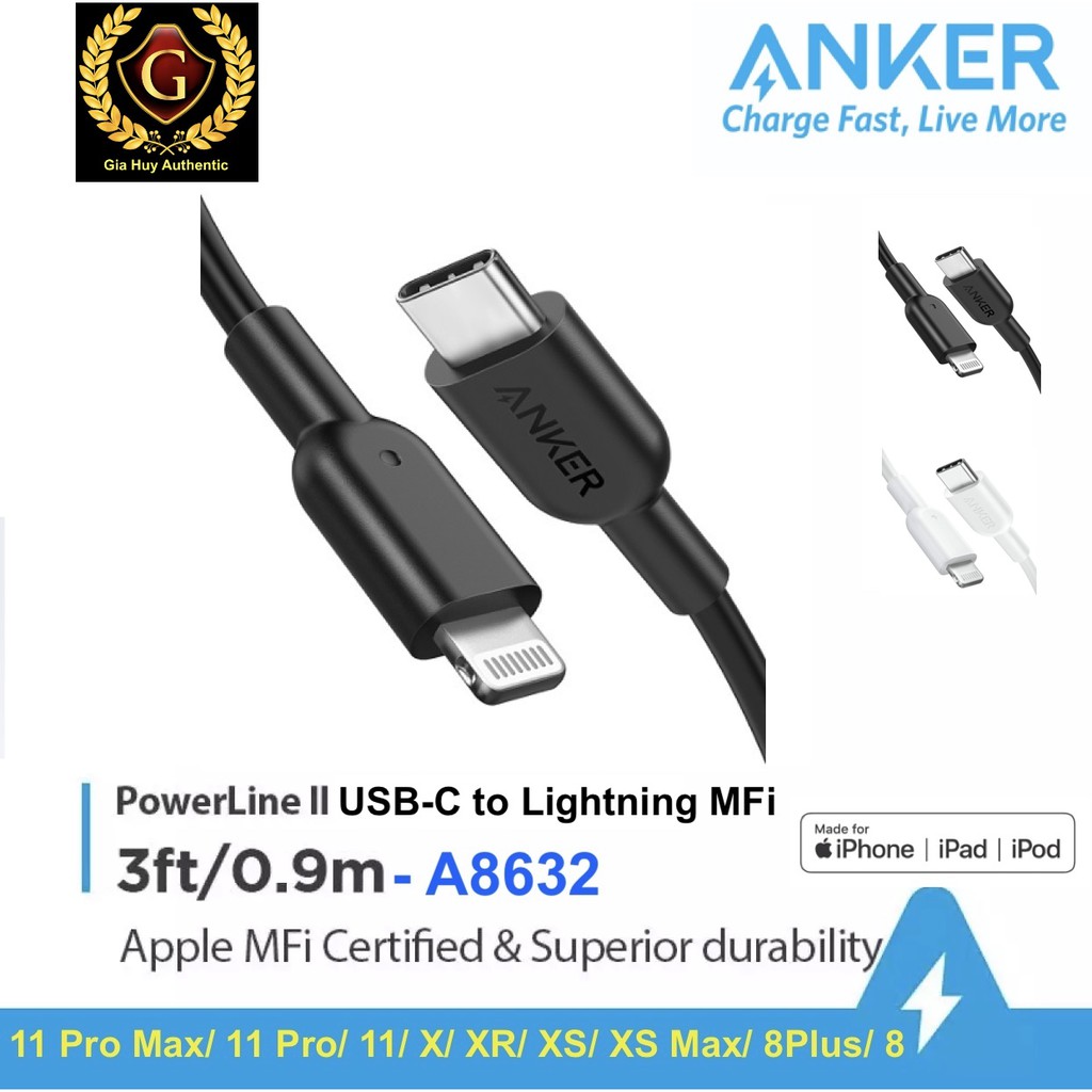 Cáp sạc nhanh iPhone 12, iPad Pro  ANKER PowerLine II USB-C to Lightning chuẩn MFi Chipset C94 dài 0.9m - A8632