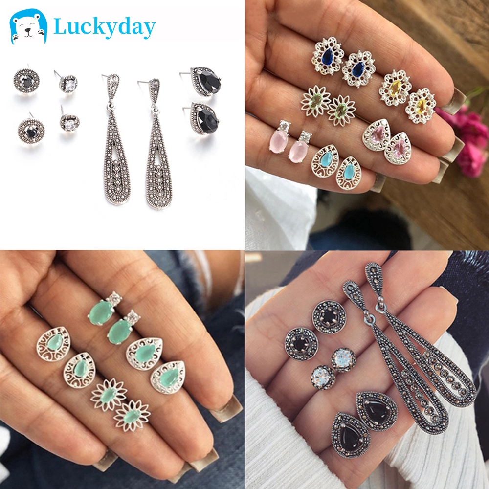 6Pair/Set Vintage Gemstone Crystal Opals Silver Jewelry Women Earring Stud Earring