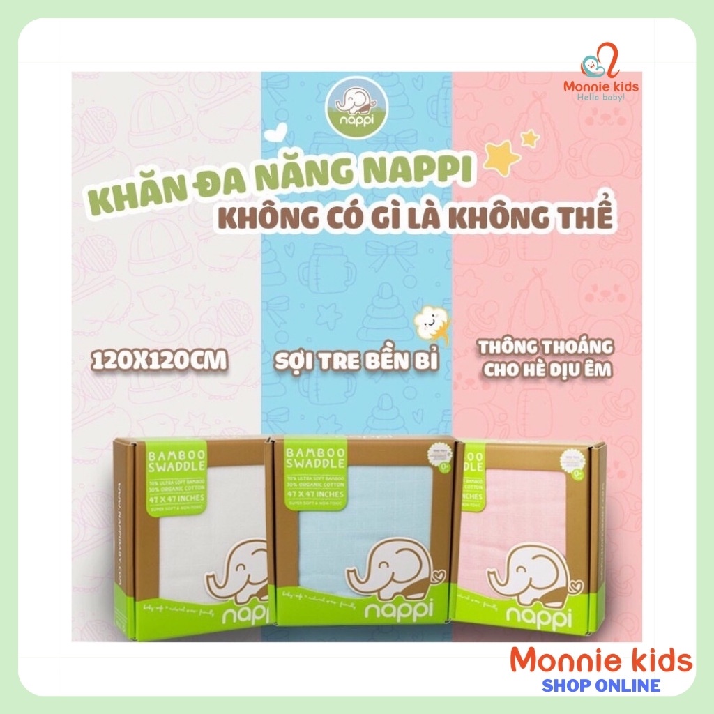 Khăn sợi tre đa năng cho bé NAPPI 120x120 cm, Khăn tắm cotton organic - Monnie Kids