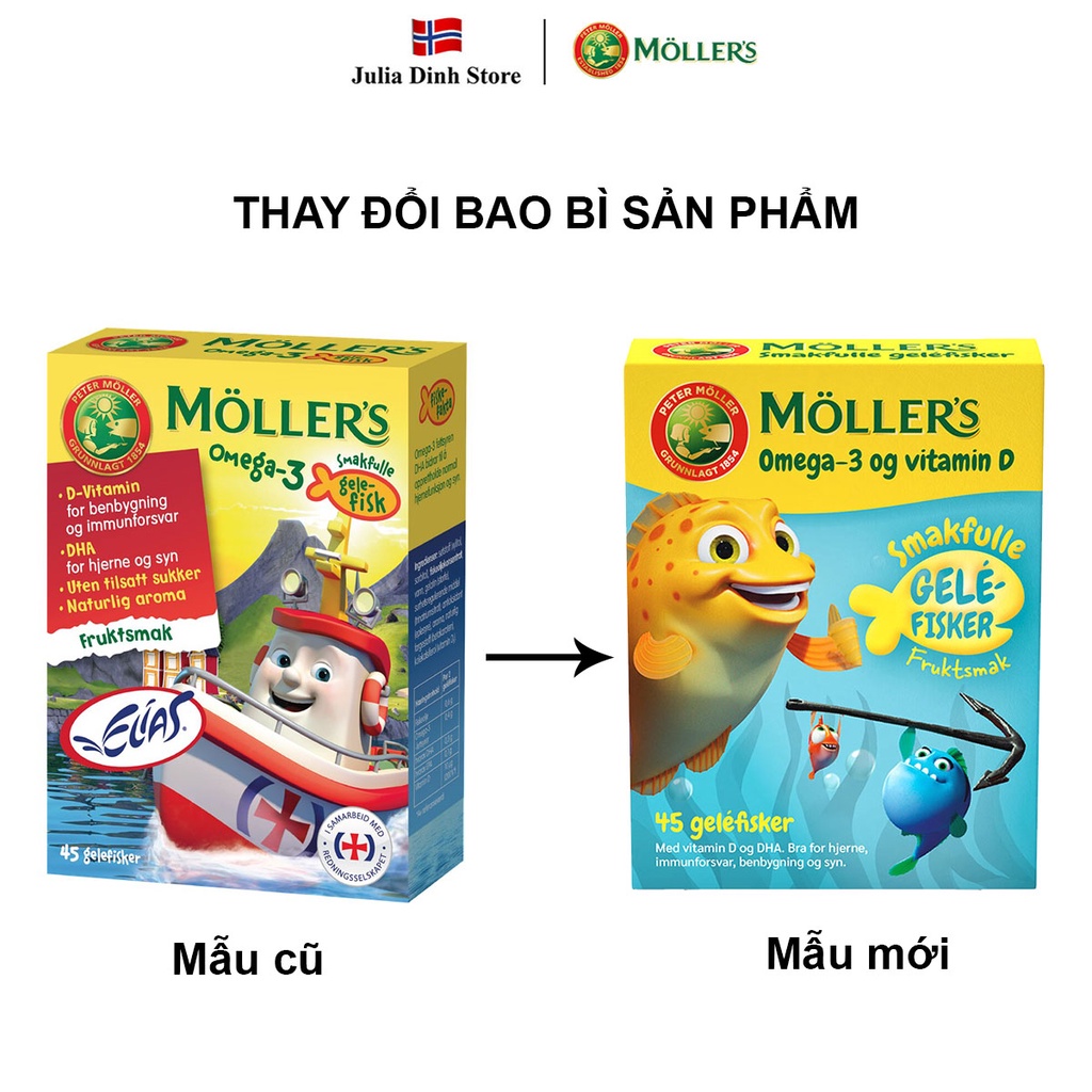 Thạch dẻo dầu cá tuyết Omega 3 và Vitamin D MOLLERS cho bé từ 3 tuổi trở lên vị trái cây nội địa Na Uy - hộp 45 viên