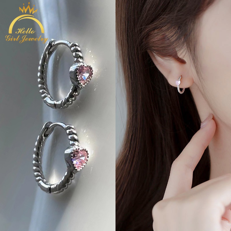 Khuyên tai hình trái tim đính đá zircon trái tim hồng thời trang cho nữ