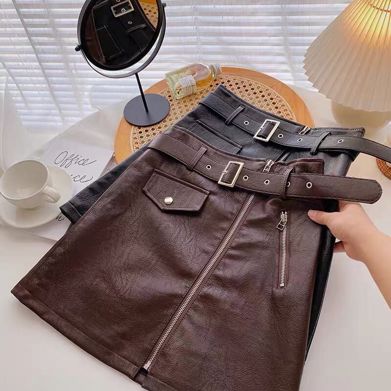 ORDER Chân váy da cạp cao nắp túi giả khoá kéo trước cá tính
