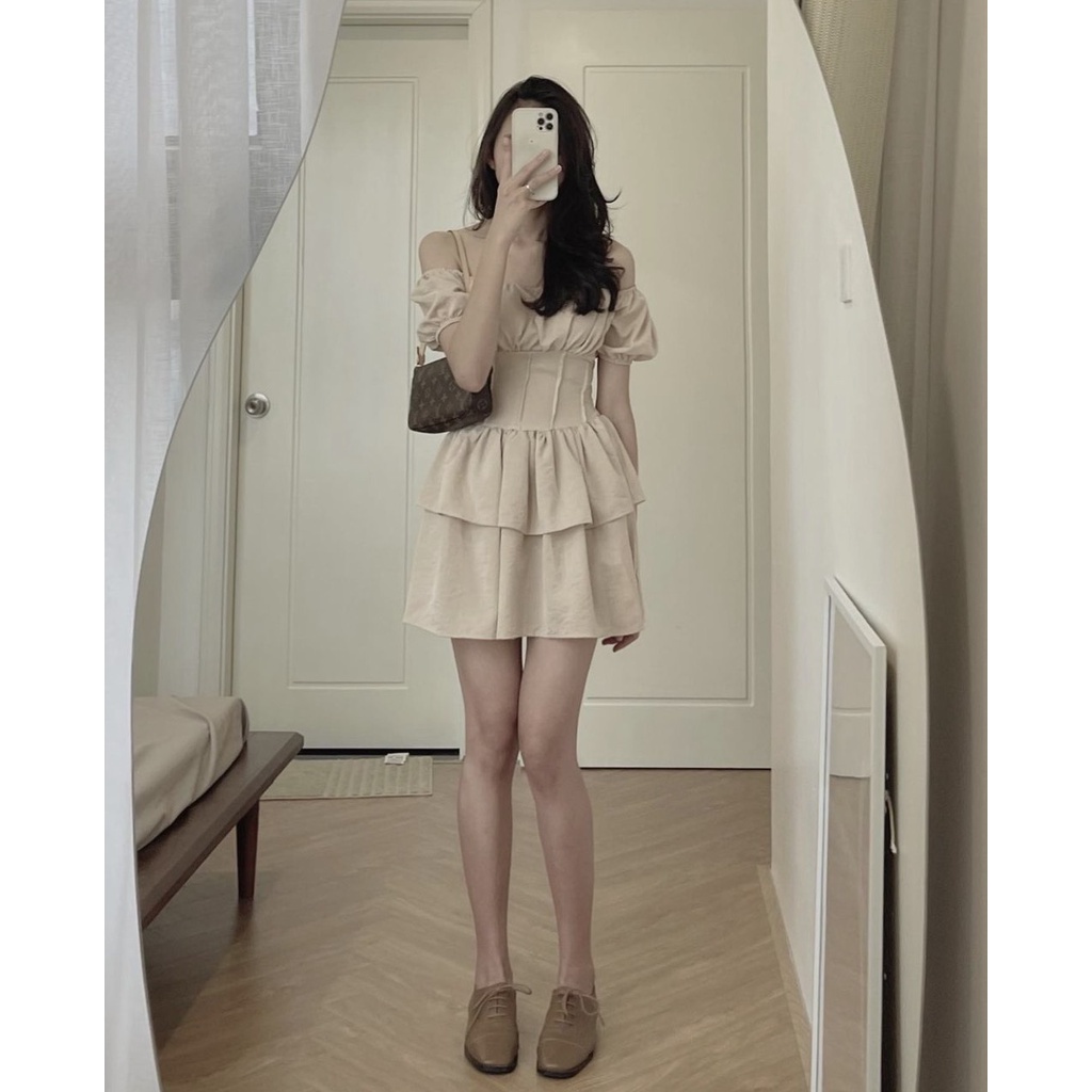 Jumsuit trễ vai tay phồng chít eo hai màu vintage LOVI