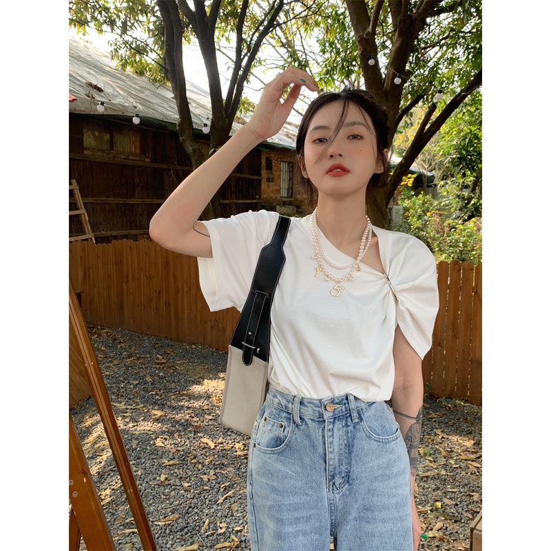 QADCOL Áo Thun Dáng Rộng In Chữ Phối Khóa Kim Loại Thời Trang Cho Nữ